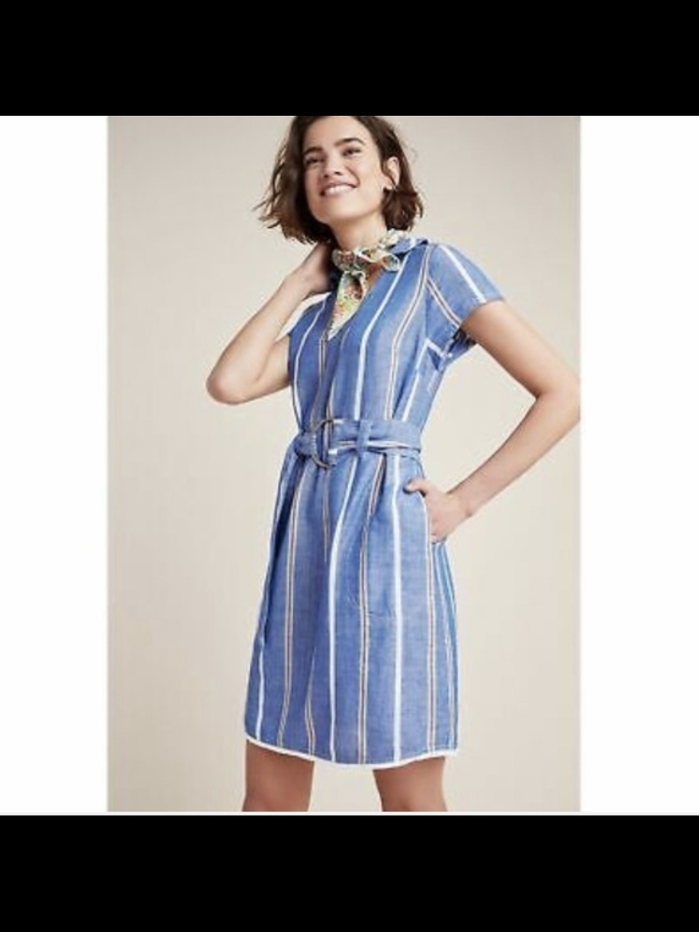 Pilcro Anthropologie Belted Shift Dress Chambray Blue Striped Sz 2 V-neck Fringe